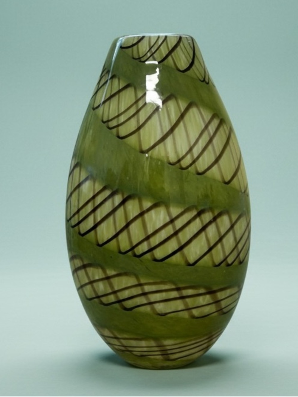 Vintage Hand Blown Encased Art Glass Vase - Green & Brown Striped